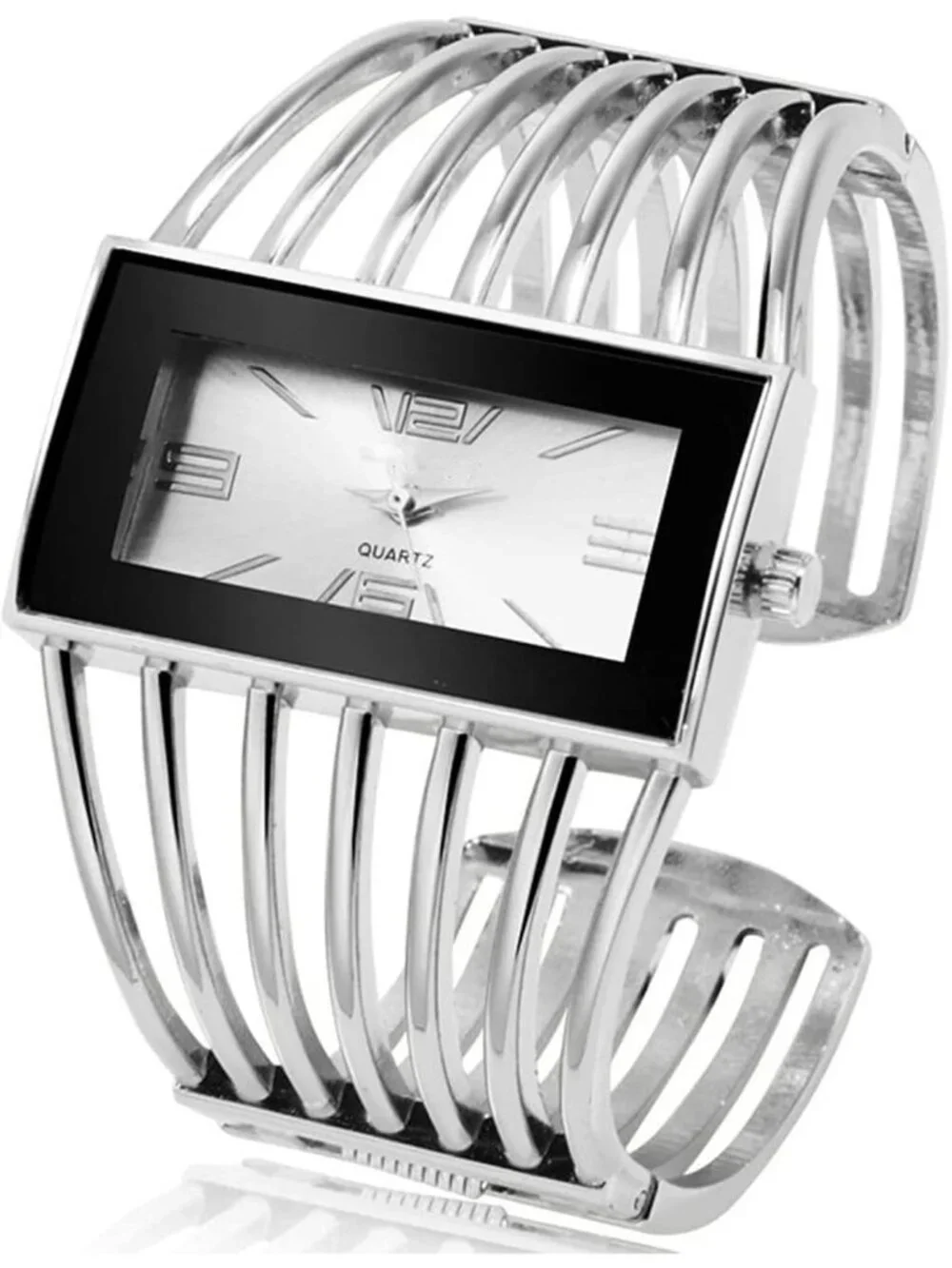 Women's Silver White Luxury Rectangular Case Analog Quartz Fashion Wrist Watch